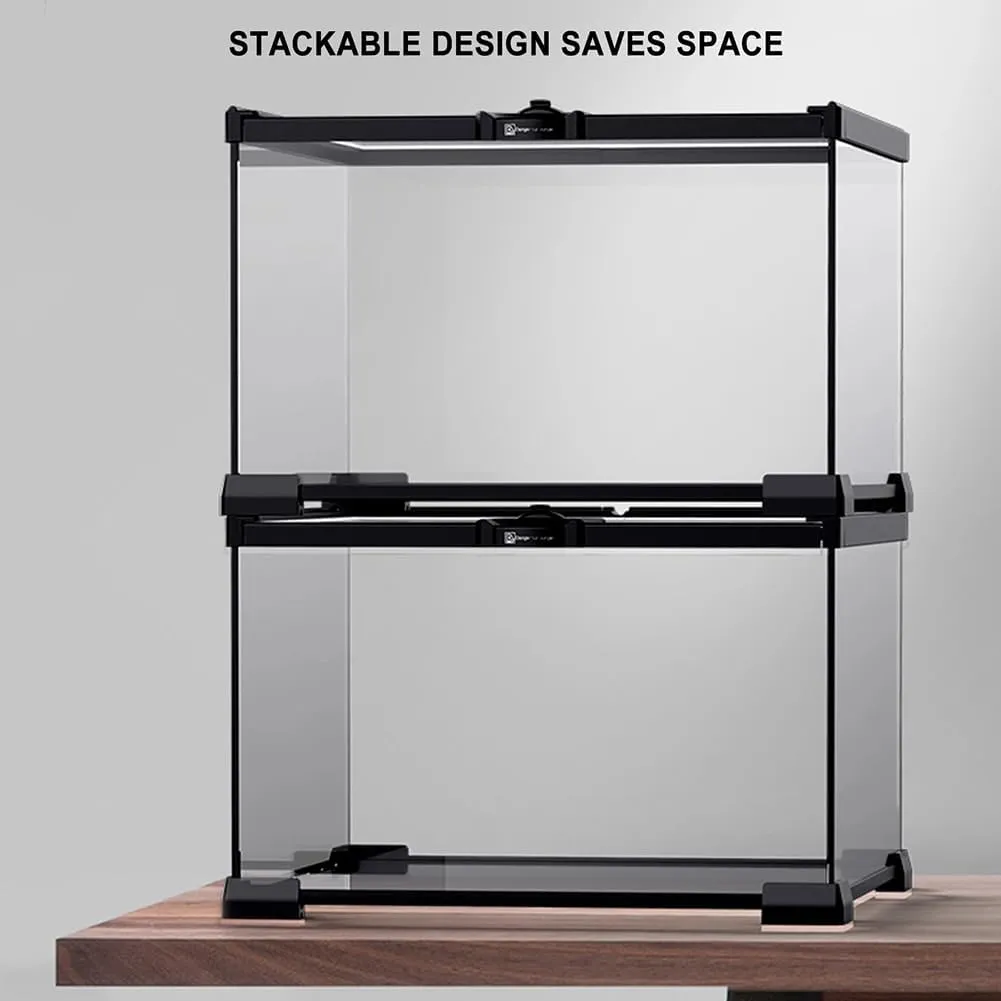 Reptile Float Glass Growth Tank, Transparent Reptile Terrarium with Wiring Hole, Eco Rainforest Feeding Box, Reptile Breeding Box Suitable for Stacking, Top Screen Ventilation Escape Proof Lid,