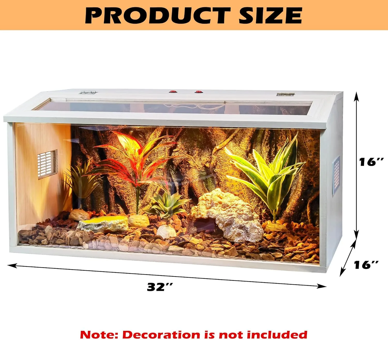 Reptile Terrarium, Lizard Tank Up to 68 Gallons, Bearded Dragon Tank with Roof Door, Snake Tank with Built-in Lamp Fixture and Switch (28 Gallon, 32" Long, Openable Wood Roof)