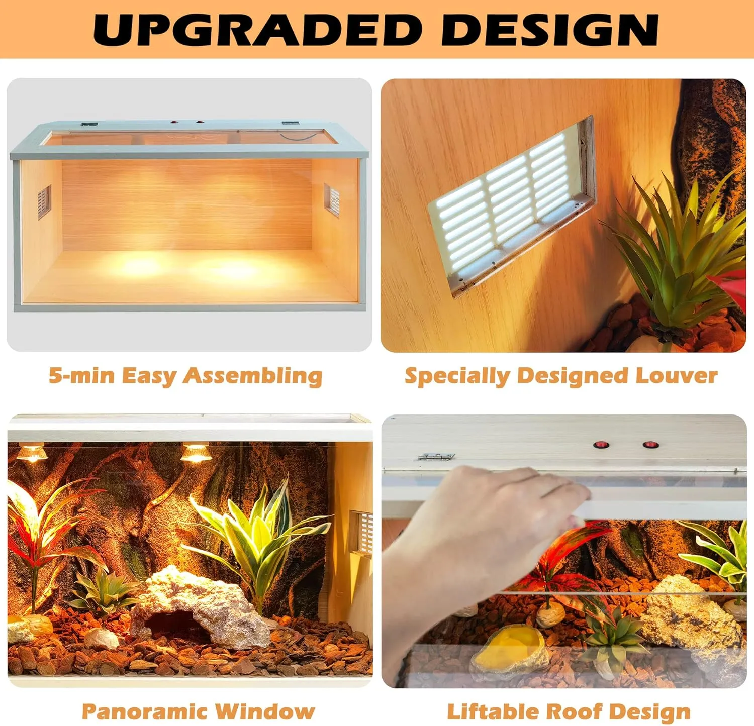 Reptile Terrarium, Lizard Tank Up to 68 Gallons, Bearded Dragon Tank with Roof Door, Snake Tank with Built-in Lamp Fixture and Switch (28 Gallon, 32" Long, Openable Wood Roof)