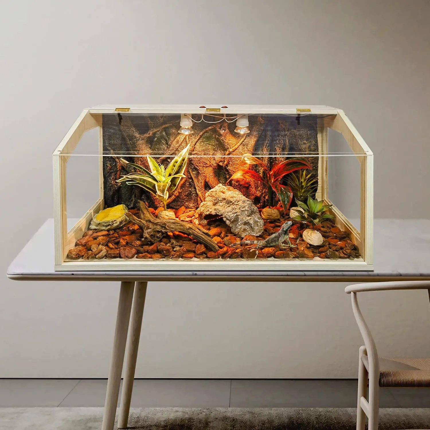 Reptile Terrarium, Lizard Tank Up to 68 Gallons, Bearded Dragon Tank with Roof Door, Snake Tank with Built-in Lamp Fixture and Switch (28 Gallon, 32" Long, Openable Wood Roof)