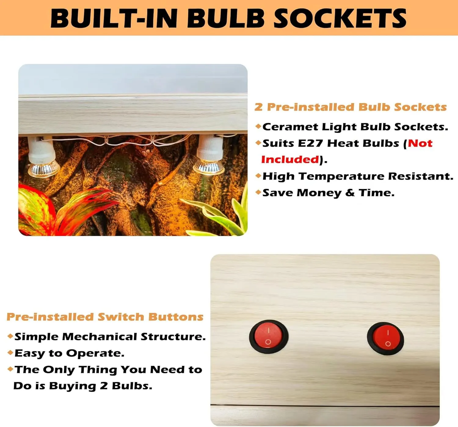 Reptile Terrarium, Lizard Tank Up to 68 Gallons, Bearded Dragon Tank with Roof Door, Snake Tank with Built-in Lamp Fixture and Switch (28 Gallon, 32" Long, Openable Wood Roof)
