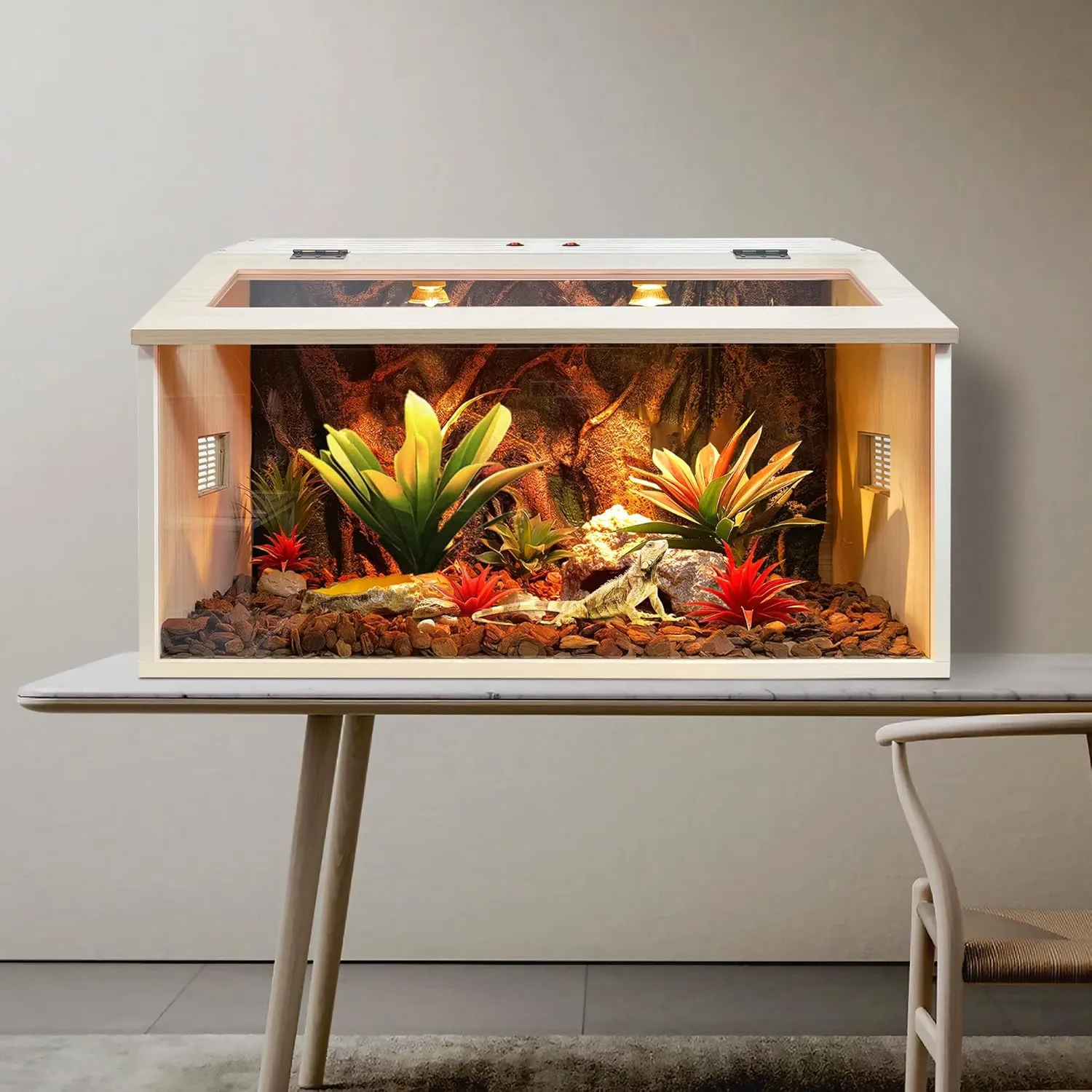 Reptile Terrarium, Lizard Tank Up to 68 Gallons, Bearded Dragon Tank with Roof Door, Snake Tank with Built-in Lamp Fixture and Switch (28 Gallon, 32" Long, Openable Wood Roof)