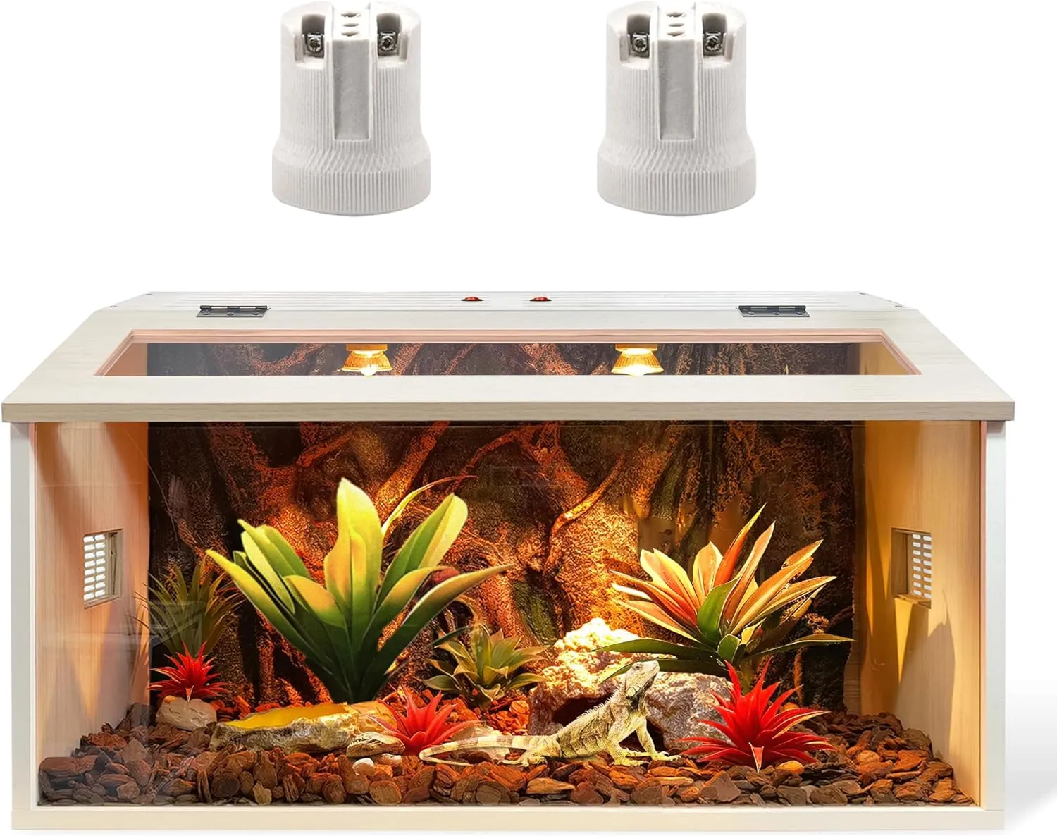 Reptile Terrarium, Lizard Tank Up to 68 Gallons, Bearded Dragon Tank with Roof Door, Snake Tank with Built-in Lamp Fixture and Switch (28 Gallon, 32" Long, Openable Wood Roof)