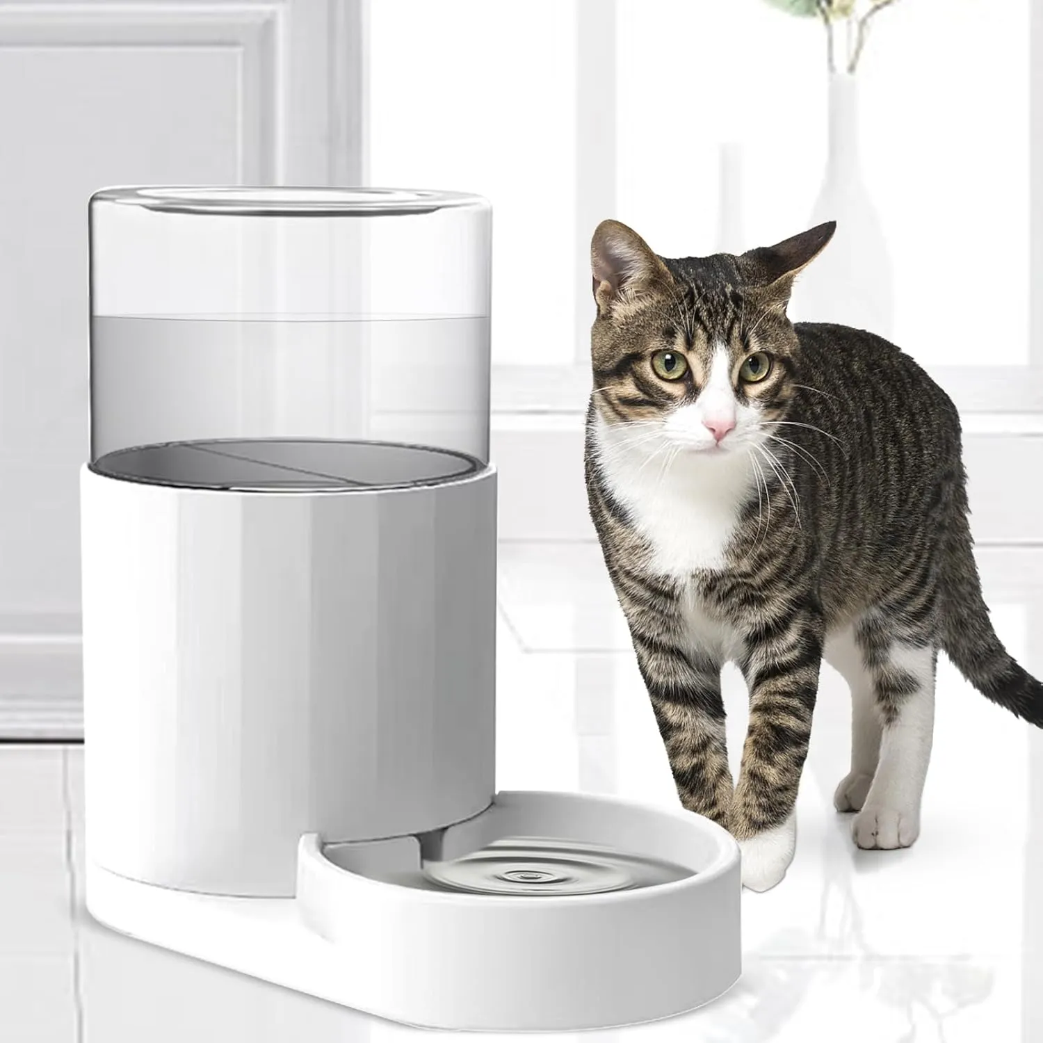 RIZZARI Automatic 3L Pet Waterer, Gravity Water Dispenser, 100% BPA-Free, Large Capacity Water Feeder for Cats and Small and Medium-Sized Dogs (White,3L)