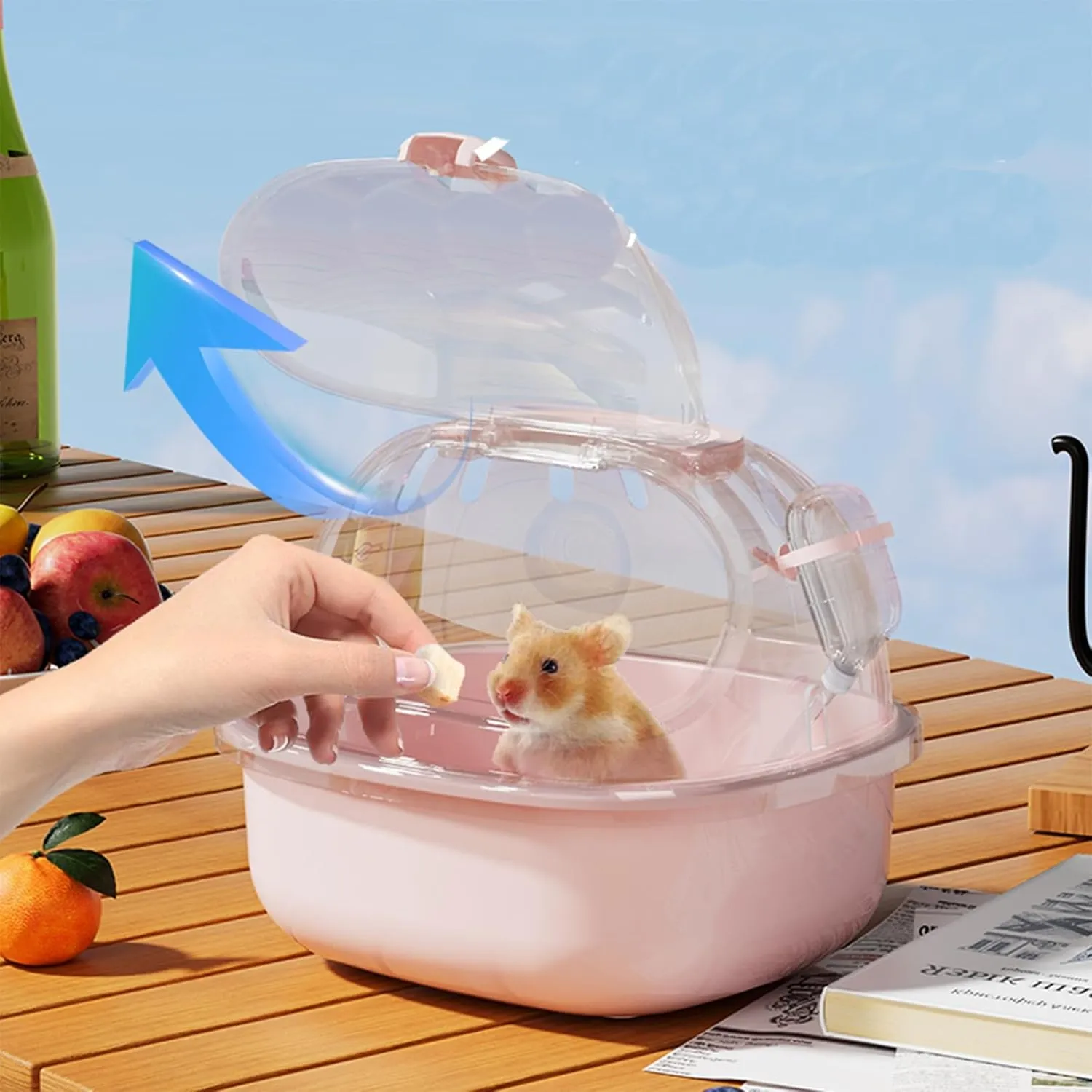 Small Animal Carrier Cage with Water Bottle, Portable Hamster Travel Carrier Carry Case for Small Pets, Gerbils, Mice, Dwarf Hamster (Pink)