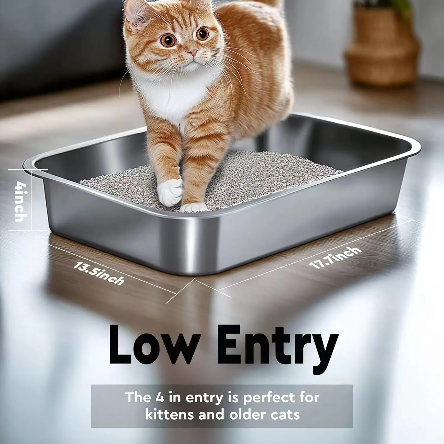 Stainless Steel Cat Litter Box,Kitty Litter Box with Letter Stickers,Metal Cat Litter Pan,Indoor Litter Tray,Pet Toilet Supplies for Small & Medium Cats,Kitten, Rabbit,Easy to Clean (Silver)
