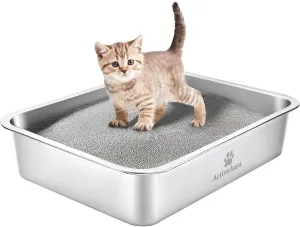 Stainless Steel Cat Litter Box,Kitty Litter Box with Letter Stickers,Metal Cat Litter Pan,Indoor Litter Tray,Pet Toilet Supplies for Small & Medium Cats,Kitten, Rabbit,Easy to Clean (Silver)