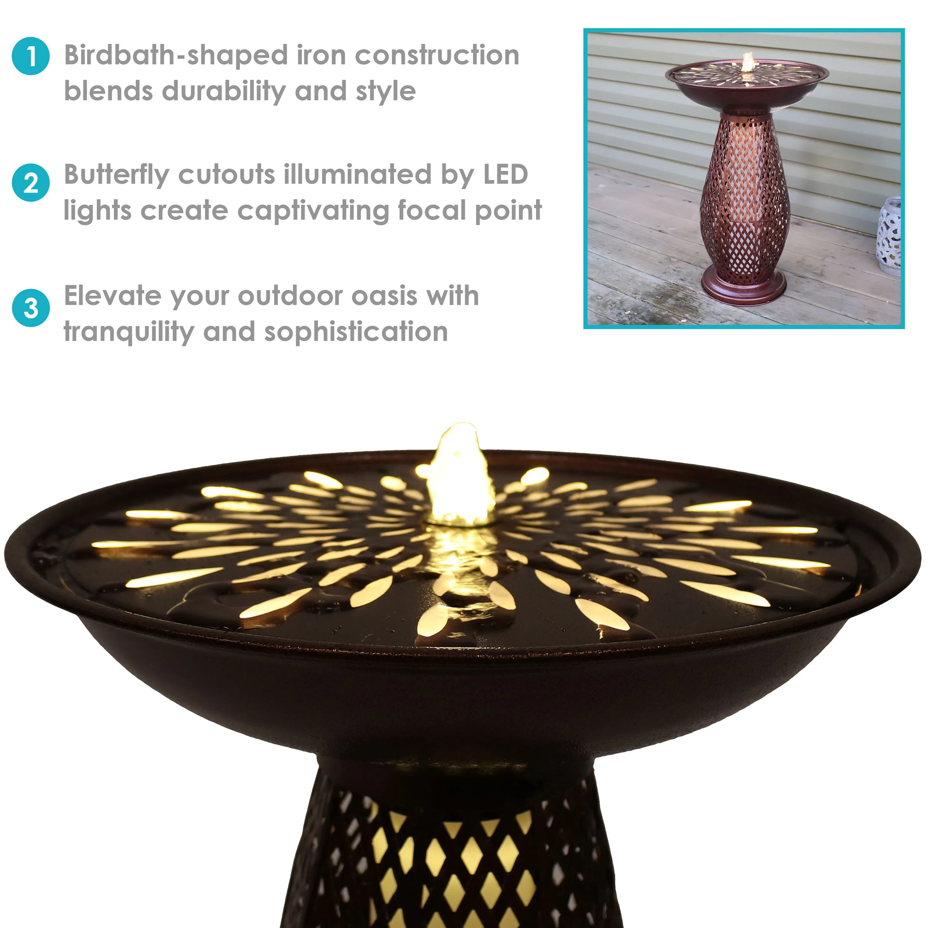 Sunnydaze Iron Crosshatch Bird Bath Fountain with LED Lights - 28.75"
