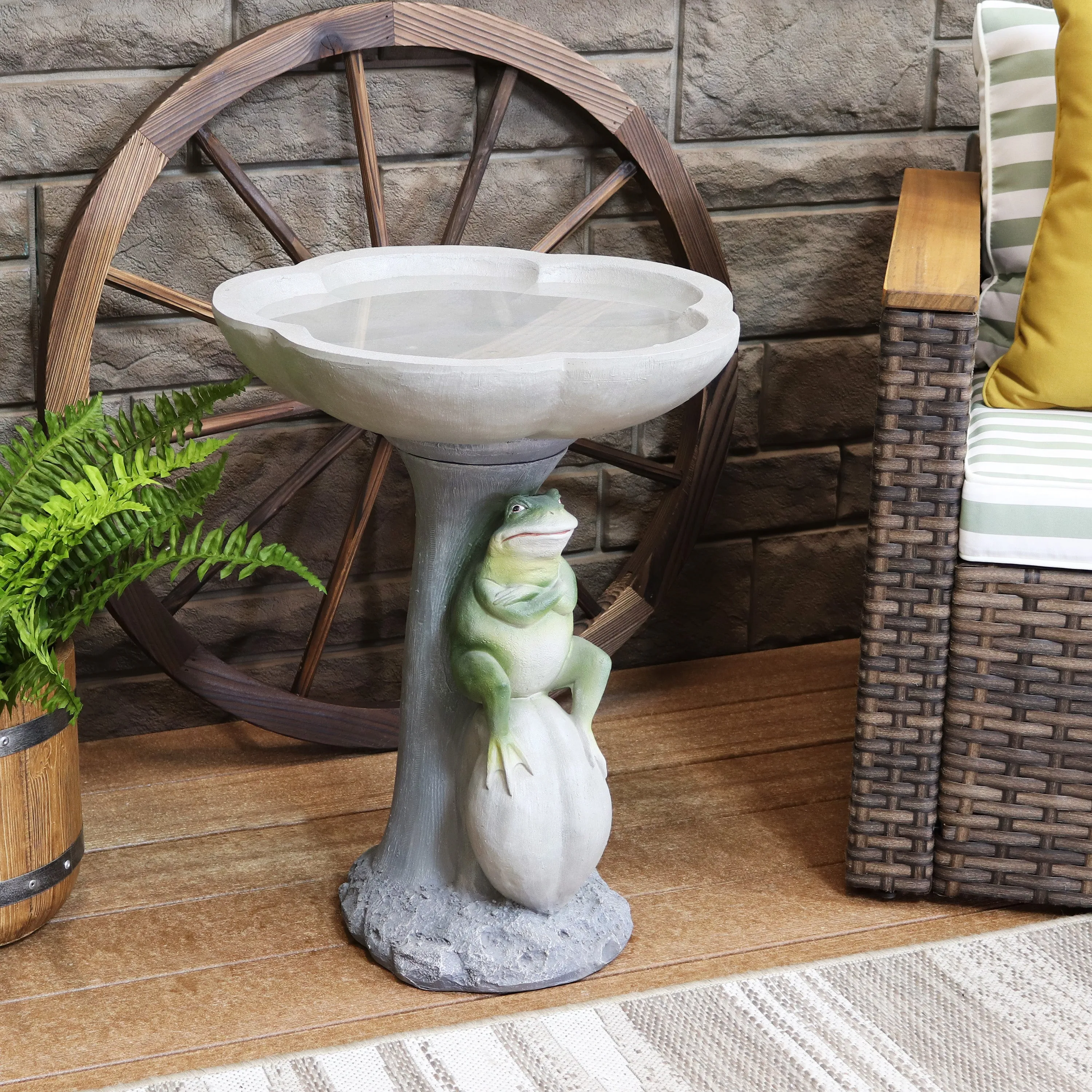 Sunnydaze Polyresin Brooding Frog on Stone Outdoor Garden Bird Bath