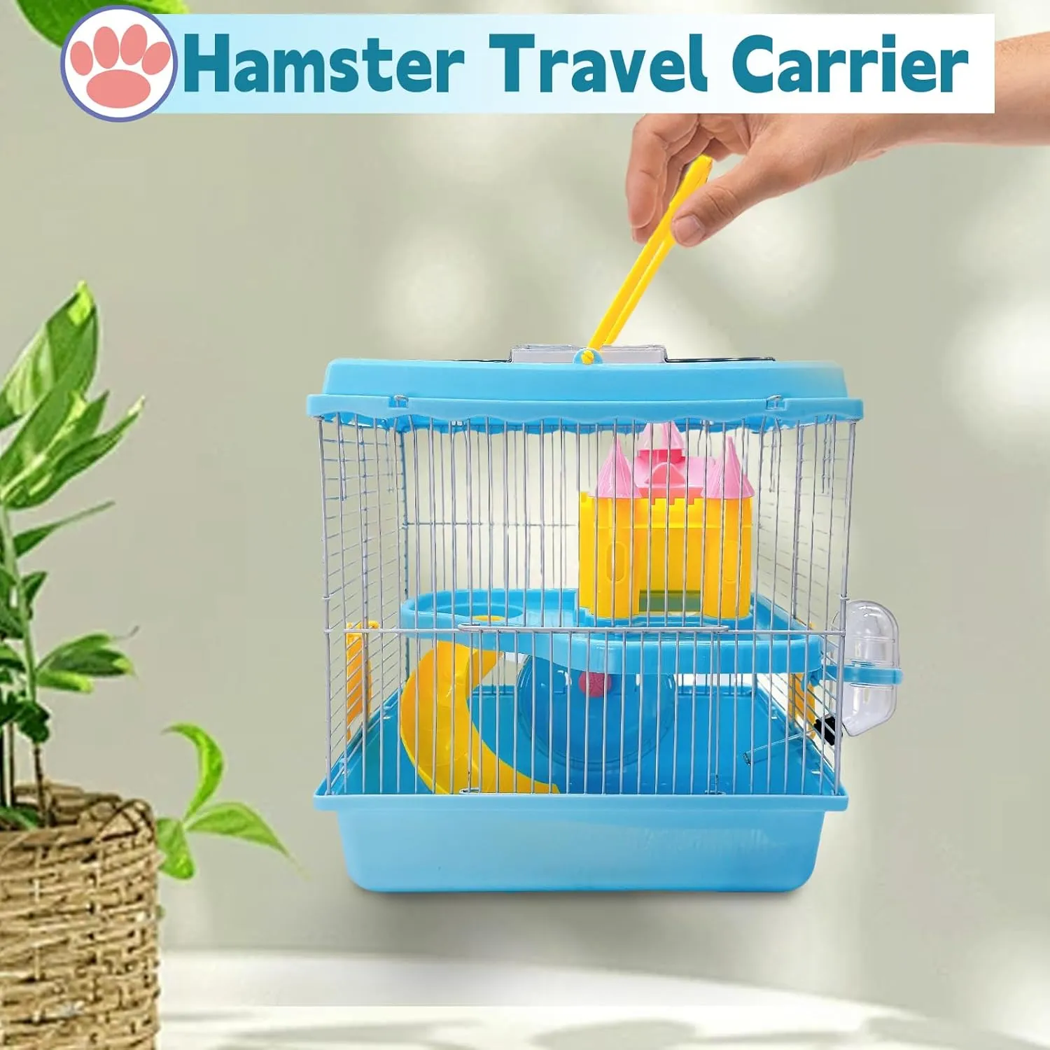 Tfwadmx Hamster Carrier, Dwarf Hamster Travel Cage, Portable Cages with Water Bottle, Gerbil Travel Carry Case Outdoor Vacation House for Small Mice(Blue,10.6x8x11.4)