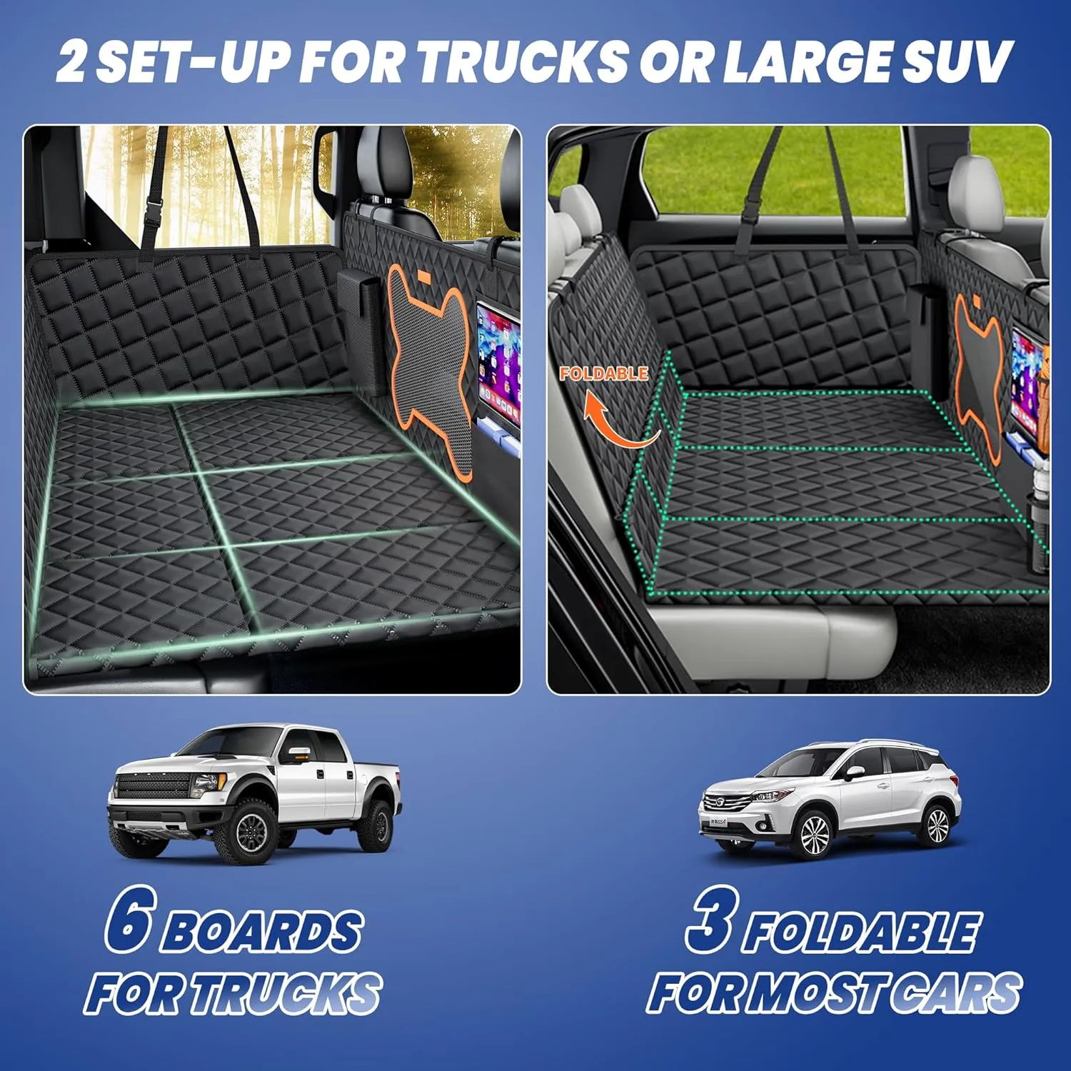 Truck Dog Seat Cover Back Seat, Backseat Extender Hard Bottom Heavy-duty 400lbs Holding for Larger Dogs Anti-slip Waterproof Pet Seat Covers Hammock for Crew Cab with 6 Foldable Boards for Pickup