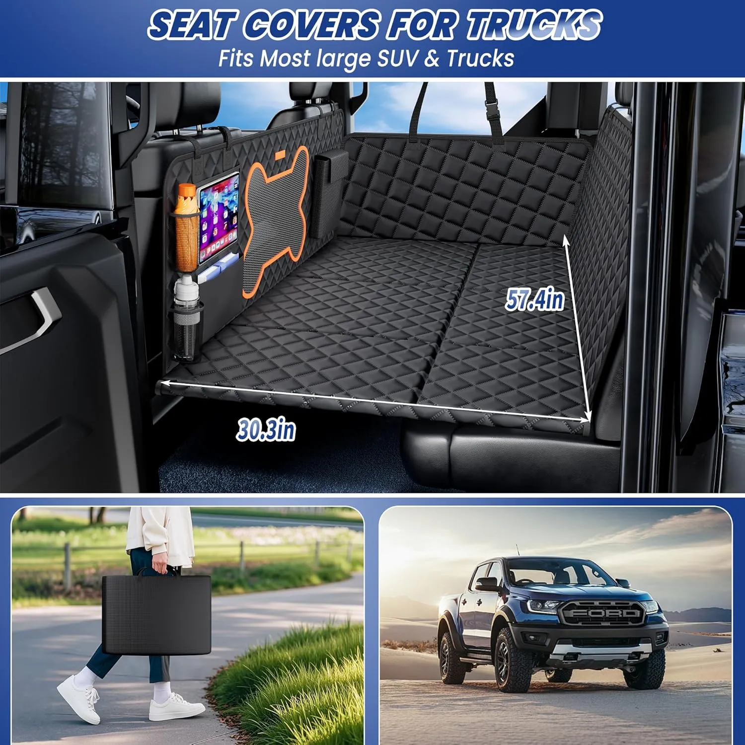 Truck Dog Seat Cover Back Seat, Backseat Extender Hard Bottom Heavy-duty 400lbs Holding for Larger Dogs Anti-slip Waterproof Pet Seat Covers Hammock for Crew Cab with 6 Foldable Boards for Pickup