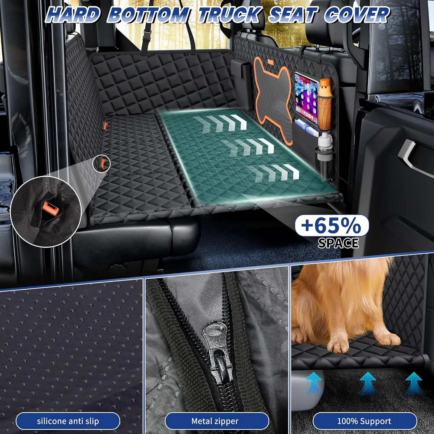Truck Dog Seat Cover Back Seat, Backseat Extender Hard Bottom Heavy-duty 400lbs Holding for Larger Dogs Anti-slip Waterproof Pet Seat Covers Hammock for Crew Cab with 6 Foldable Boards for Pickup