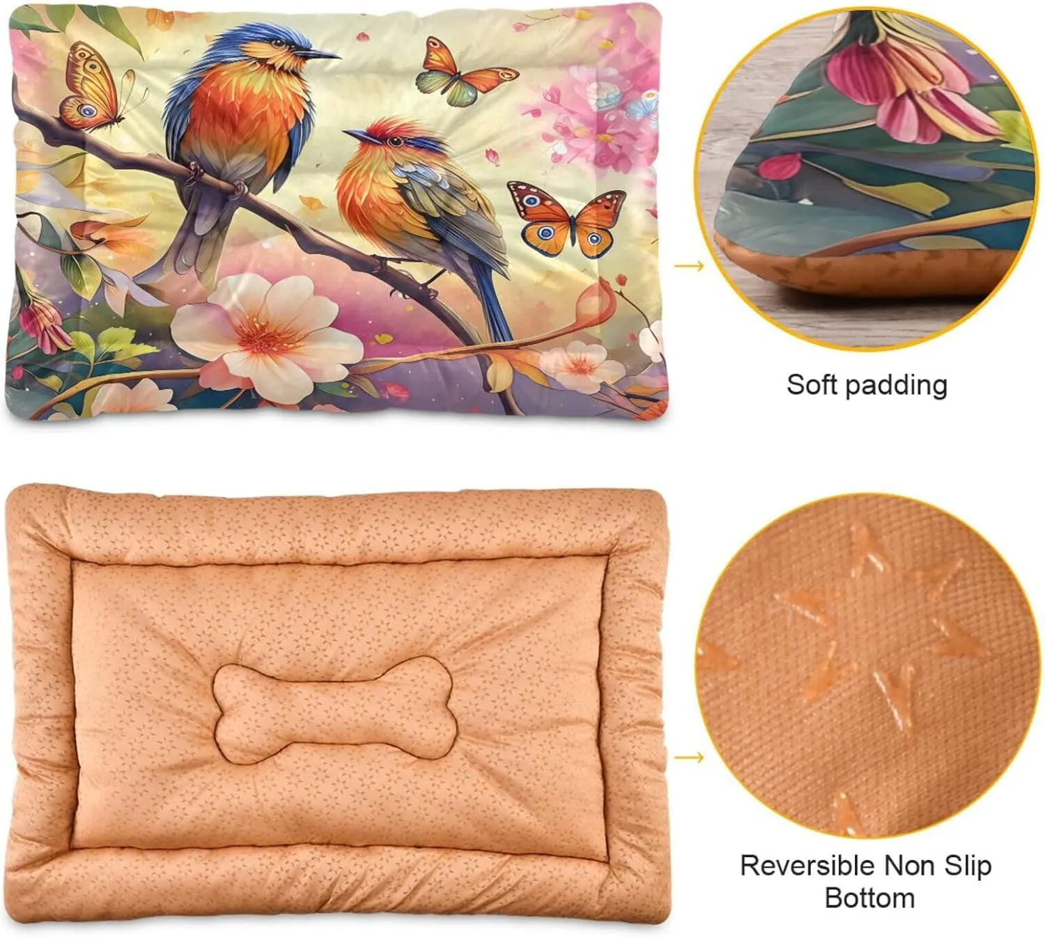 Two Birds with Butterflies Outdoor Dog Bed for Small Dogs Washable Waterproof Travel Pet Bed Mat Portable Cat Bed with Non-Slip Bottom for Indoor and Sleeping 18 x 24 Inch