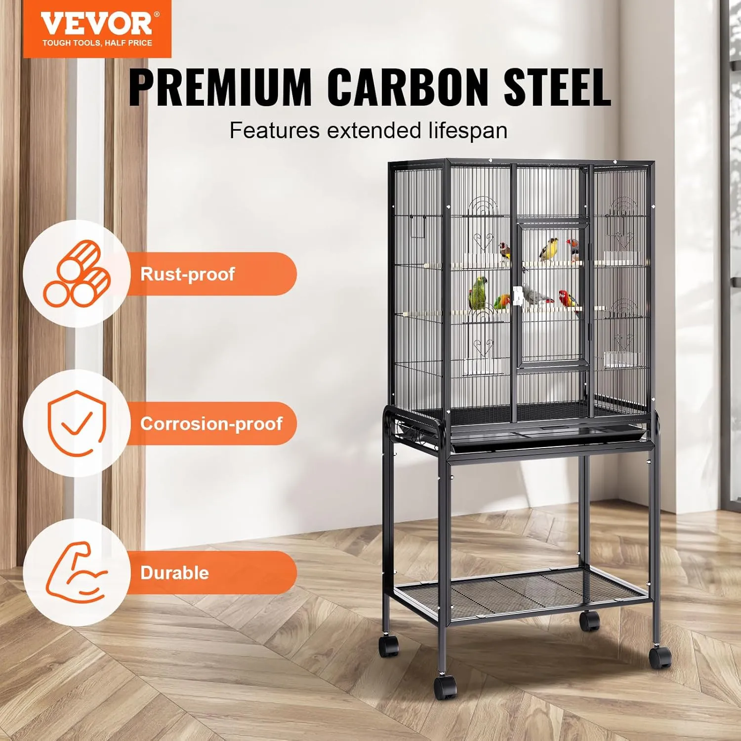 VEVOR 54 Inch Standing Large Bird Cage, Wrought Iron Flight Bird Cage with Rolling Stand and Slide Out Tray, Parakeet Cage Bird Cage for Parrots, Macaw, Cockatiels, Canary, Finch, Lovebirds, Pigeons