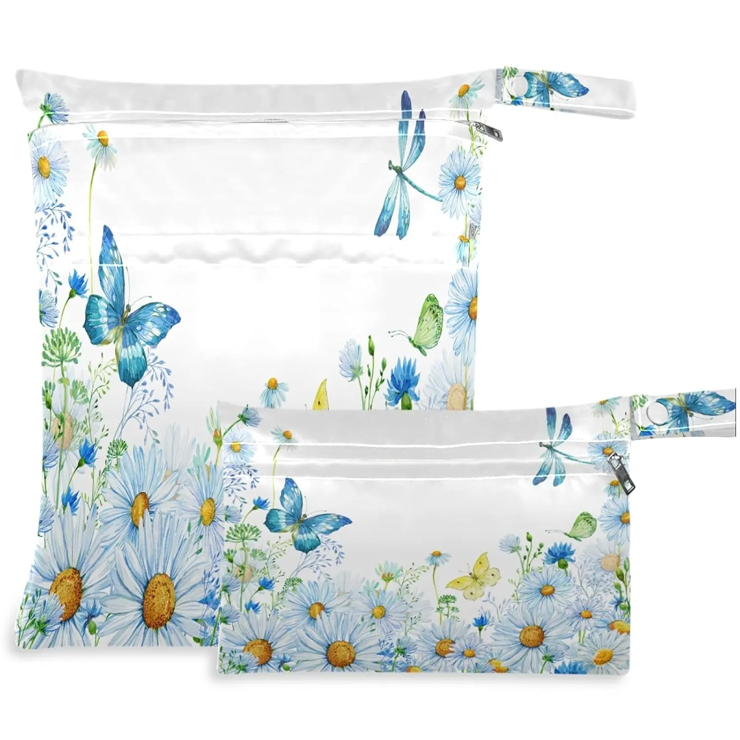 visesunny Daisy Butterfly Dragonfly 2Pcs Wet Bag with Zippered Pockets Washable Reusable Roomy Diaper Bag for Travel,Beach,Pool,Daycare,Stroller,Diapers,Dirty Gym Clothes, Wet Swimsuits, Toiletries
