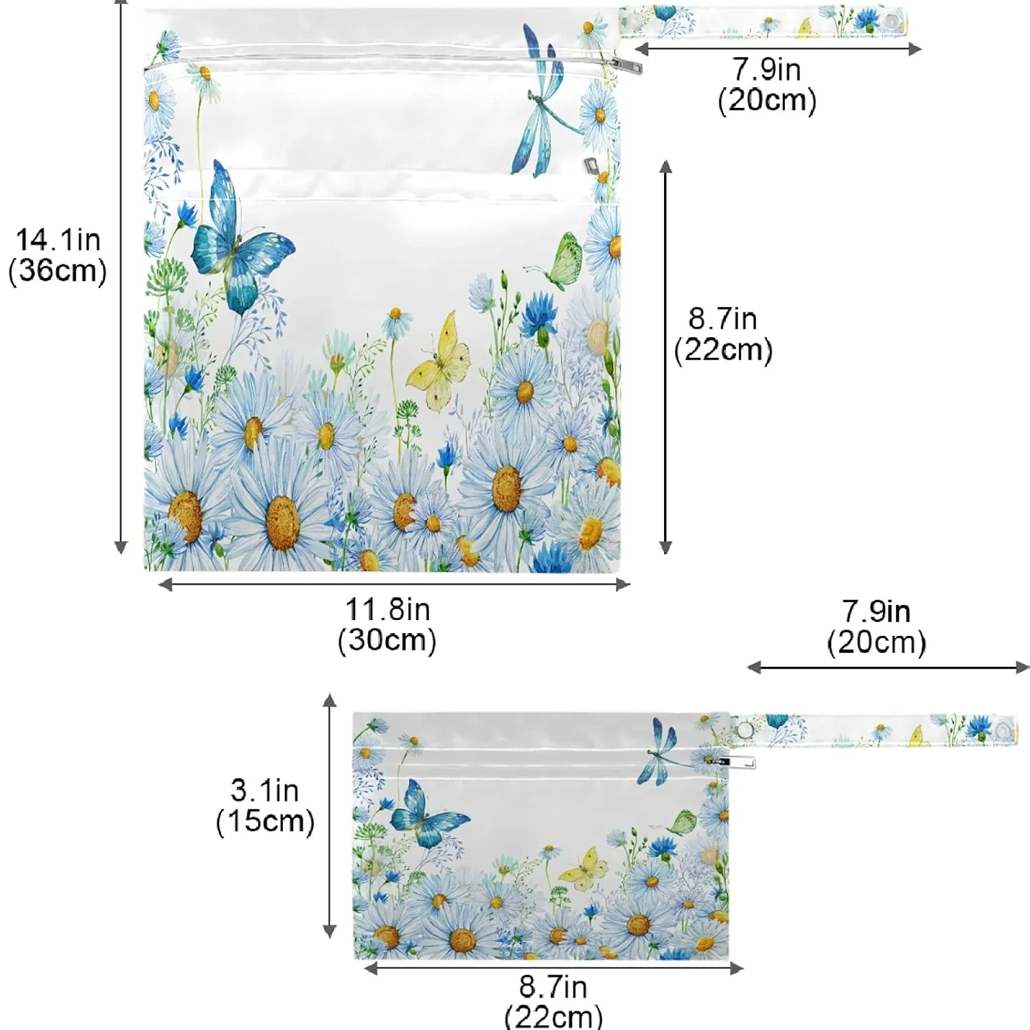 visesunny Daisy Butterfly Dragonfly 2Pcs Wet Bag with Zippered Pockets Washable Reusable Roomy Diaper Bag for Travel,Beach,Pool,Daycare,Stroller,Diapers,Dirty Gym Clothes, Wet Swimsuits, Toiletries