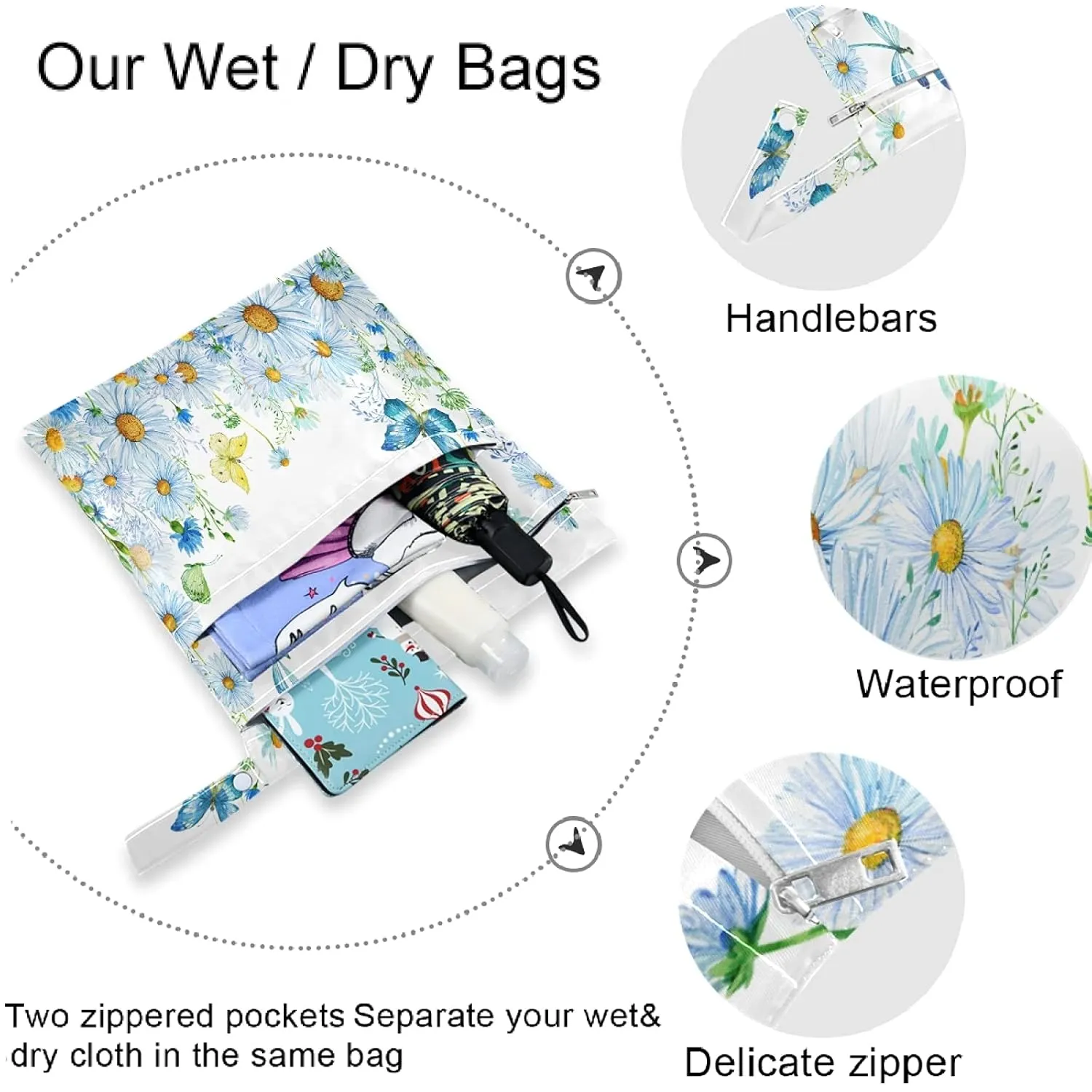 visesunny Daisy Butterfly Dragonfly 2Pcs Wet Bag with Zippered Pockets Washable Reusable Roomy Diaper Bag for Travel,Beach,Pool,Daycare,Stroller,Diapers,Dirty Gym Clothes, Wet Swimsuits, Toiletries