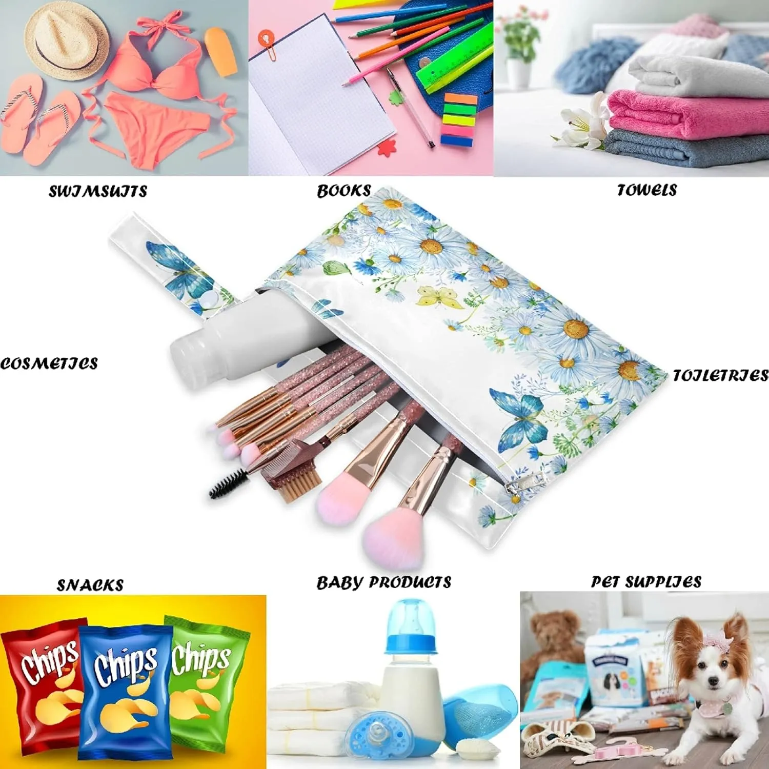 visesunny Daisy Butterfly Dragonfly 2Pcs Wet Bag with Zippered Pockets Washable Reusable Roomy Diaper Bag for Travel,Beach,Pool,Daycare,Stroller,Diapers,Dirty Gym Clothes, Wet Swimsuits, Toiletries