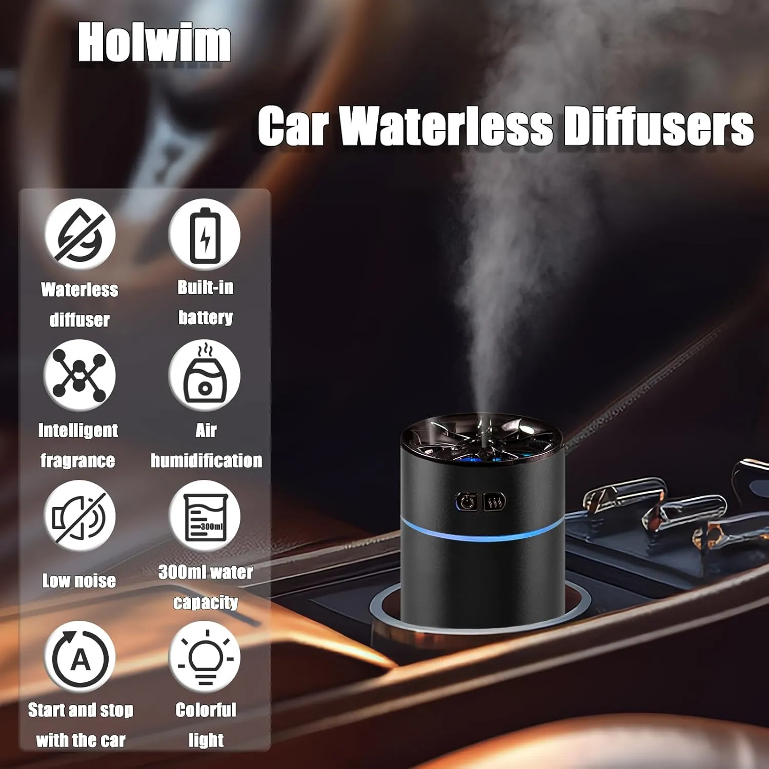 Waterless Car Diffuser for Essential Oils, 300ml Dual Nozzle Battery Powered Humidifier,Smart Car Air Freshener Diffuser with Colorful Lights and Various Spray Modes for Car Office HomeSet