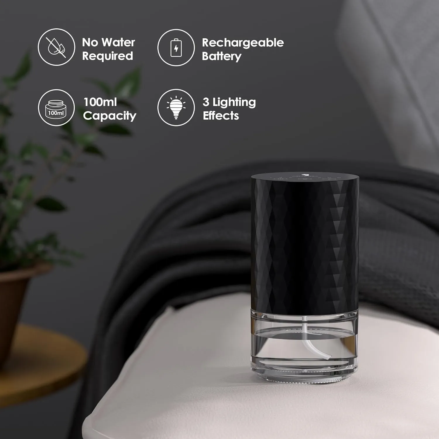 Waterless Diffuser Essential Oil 100mL Capacity Scent Air Machine for Home Aromatherapy Premium Metal Nebulizer Battery Operated 3 Mist Settings 3 Countdown Timers Color Light AN5(Black)
