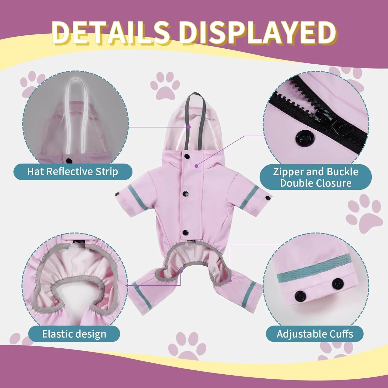 Waterproof Dog Raincoat, Adjustable Dog Rain Jacket,Reflective Lightweight Raincoat Clothes with Poncho Hood