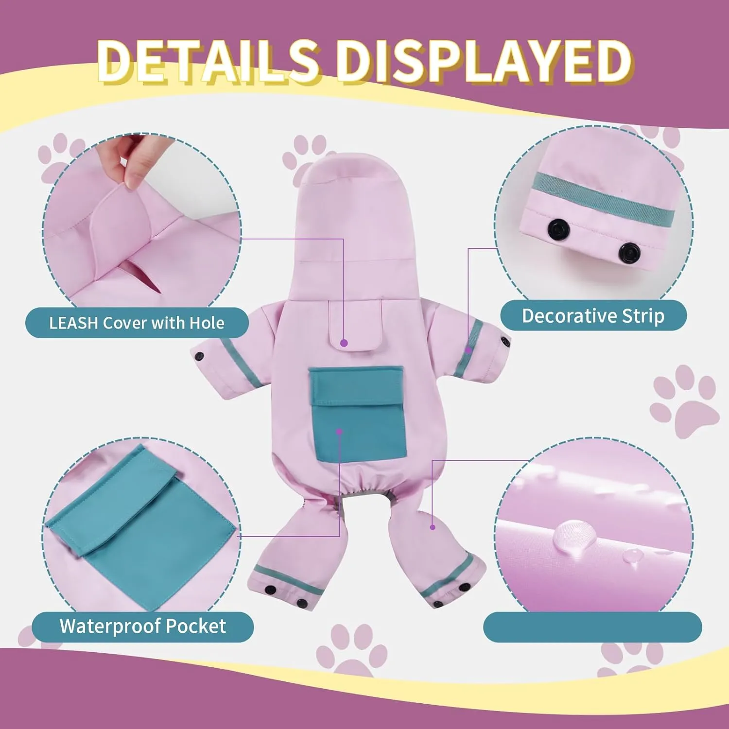 Waterproof Dog Raincoat, Adjustable Dog Rain Jacket,Reflective Lightweight Raincoat Clothes with Poncho Hood